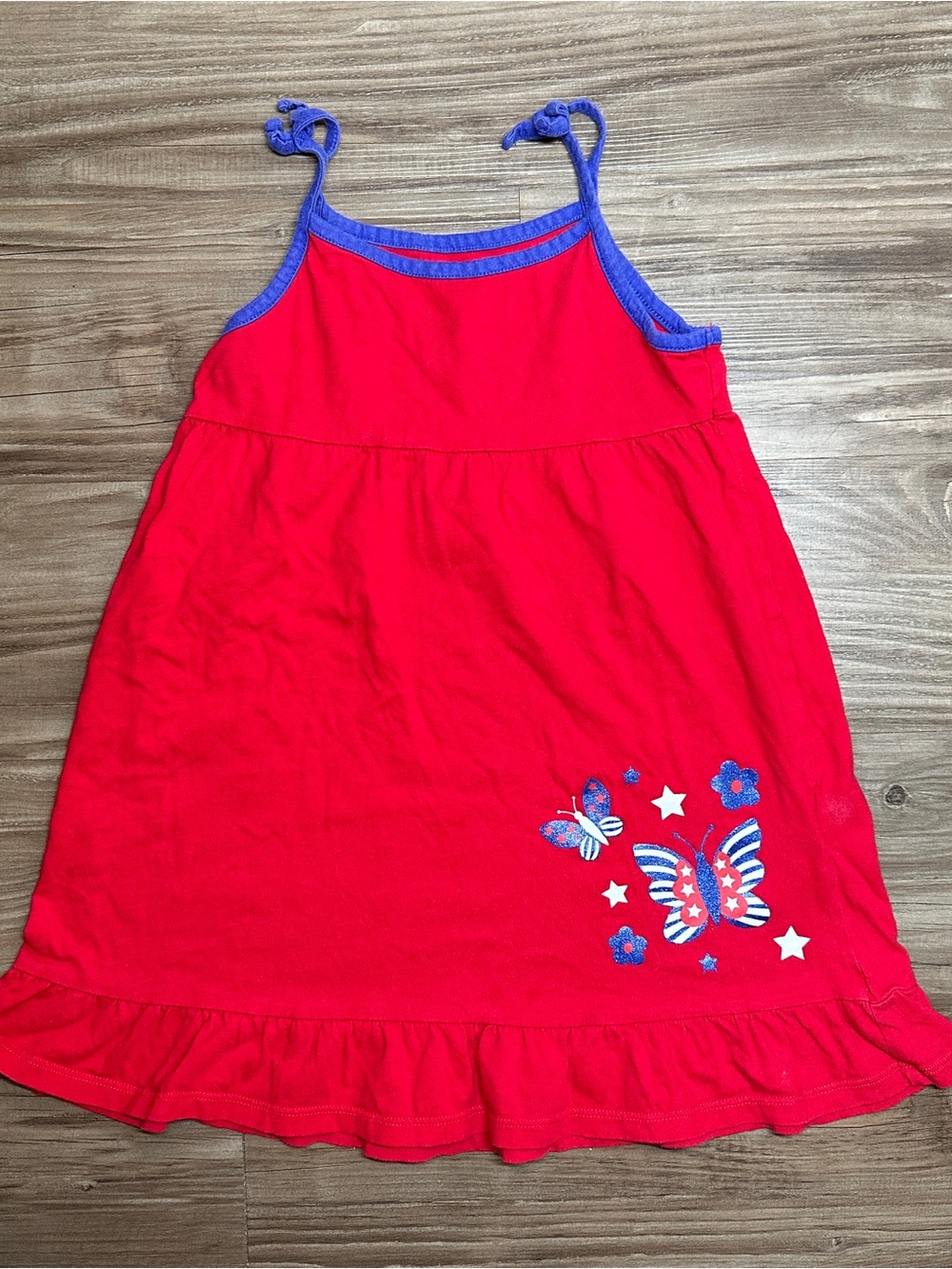 Faded Glory VTG Girls Red Knit Cotton Patriotic Stars Sundress Butterfly Size 6